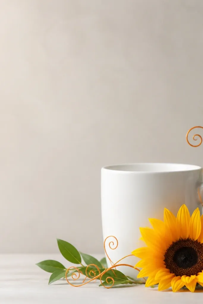 A white mug with a sunflower tucked near the bottom-right corner. There are small orange swirls and a green leaf cluster framing it like a corner vignette.