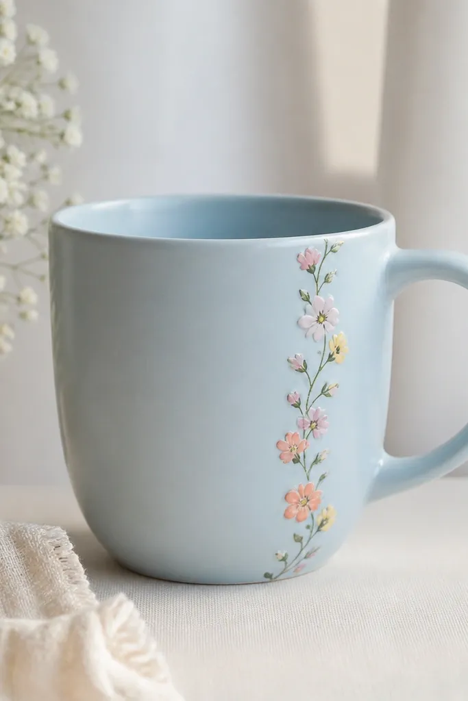 A light blue mug with a pastel garland line running along the handle side. The garland has small pink, peach, and pale yellow flowers with green stems.