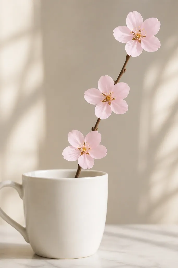 A white mug with a thin brown branch leaning upward. Three cherry blossoms sit along it, each with five pale pink petals and a tiny yellow center.