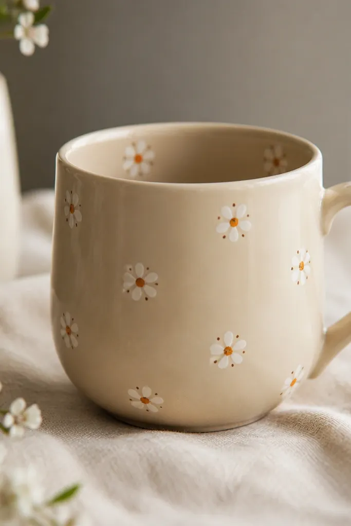 A beige mug with small five-petal flowers. Each petal has a tiny dot at the tip, and the center is a small orange circle.