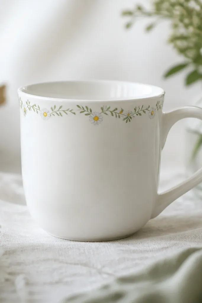 A white mug with a border near the rim: repeating green leaves and tiny white daisies. The centers are yellow and the leaves are thin strokes.