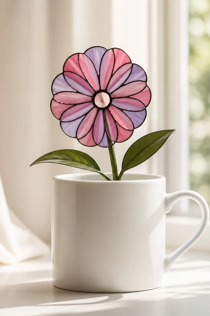 A white mug with a single flower that looks like a stained-glass rosette. Petals have repeating wedge segments in pink and light purple.