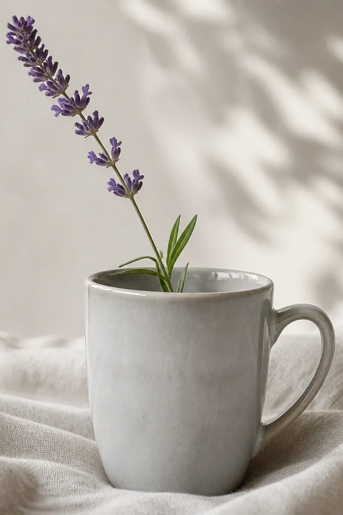 A light gray mug with a slender lavender sprig. It has tiny purple buds stacked along a curved stem and a few small green leaves.
