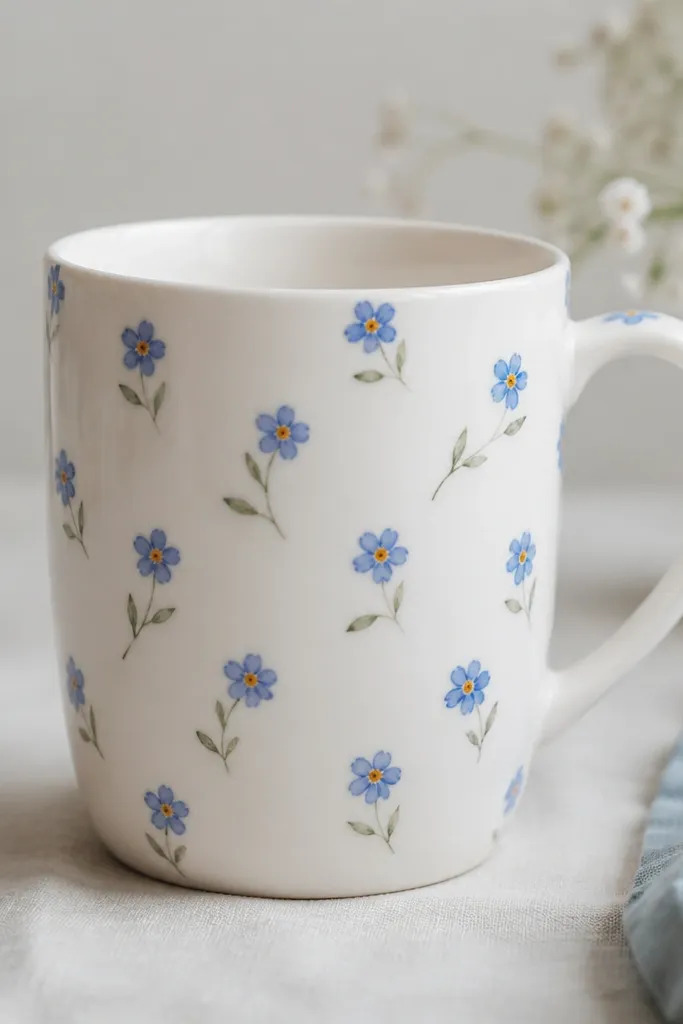 A white mug scattered with tiny blue flowers. Each flower has five small petals and a yellow center dot, with a few green stems lines.