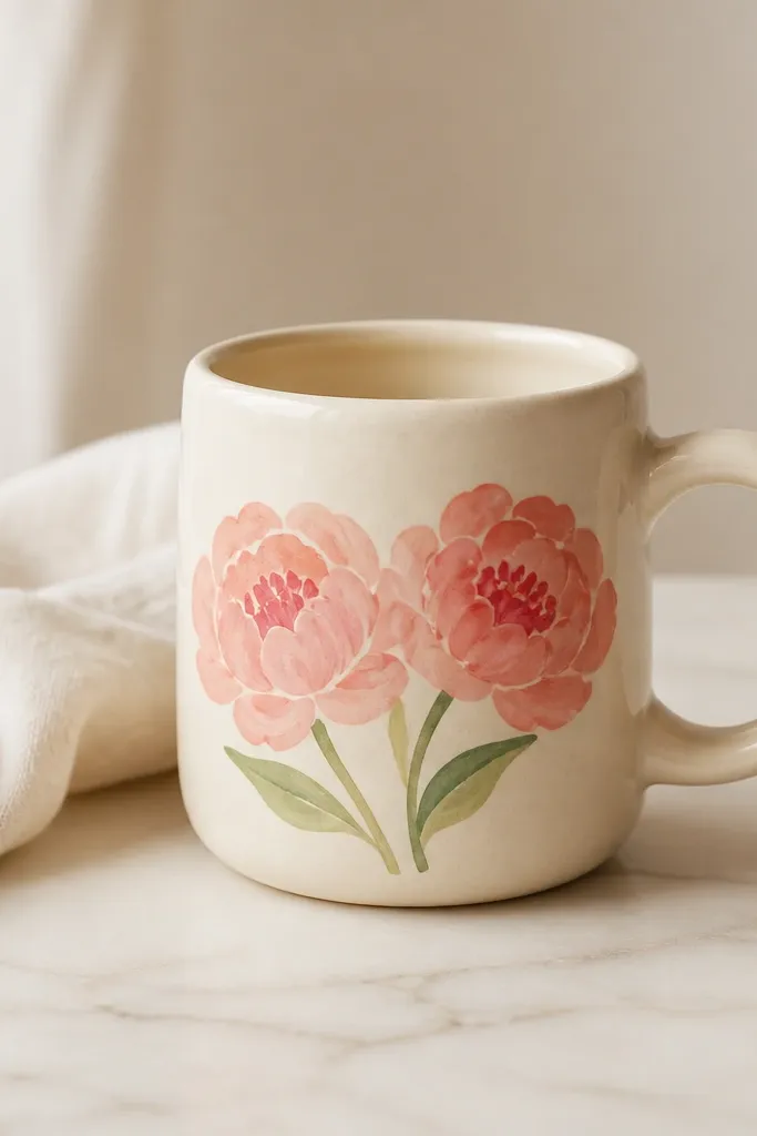 A cream mug with two peony-like flowers. The petals look like rounded blobs in blush pink and coral, and each flower has a darker pink swirl center.