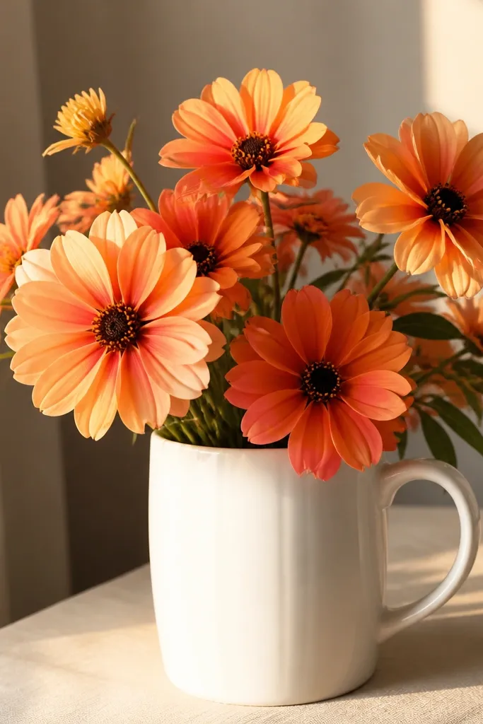 A white mug with flowers in warm sunset colors. Petals fade from peach to orange to coral, and the centers are dark brown with a tiny gold dot.