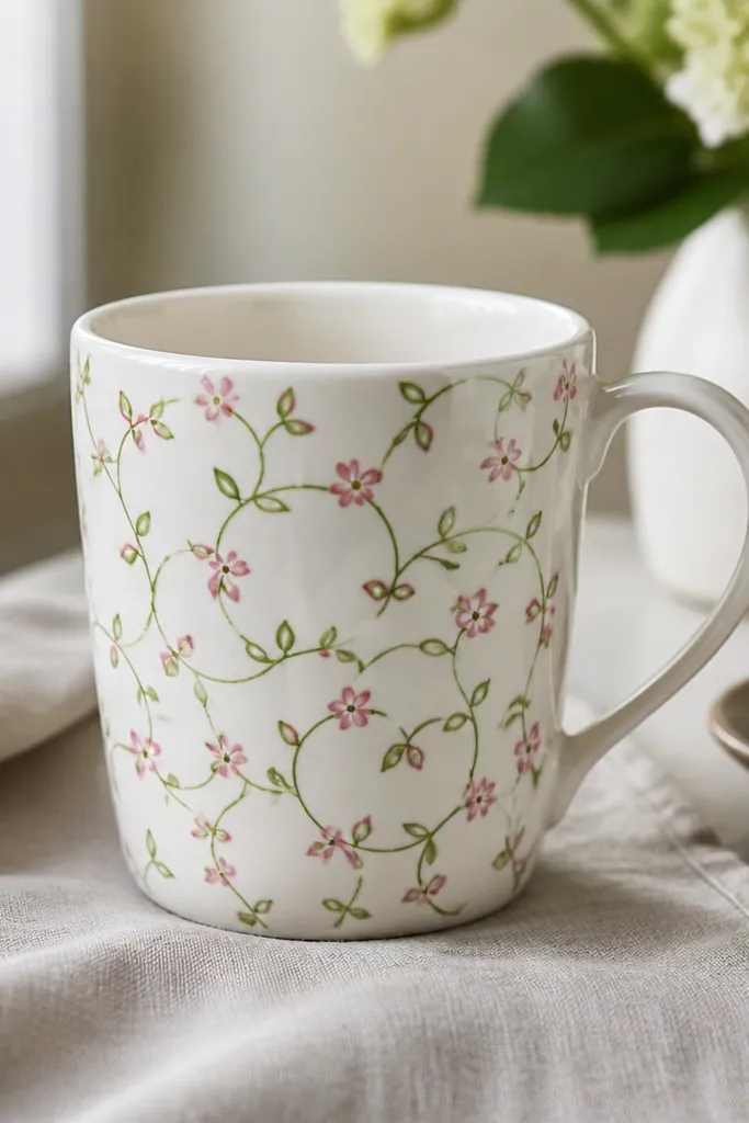 A white mug covered in looping green vines. Tiny five-petal flowers in pink sit at intervals along the vine, with small leaf pairs.