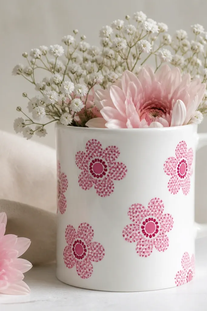 A white mug with flowers that have dotted petal texture. Each flower has a ring of dots around a center circle, in pink with a deep magenta ring.
