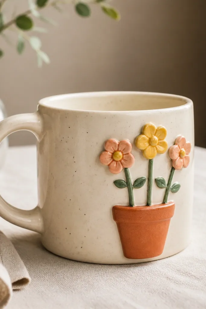 A mug with a terracotta flower pot on one side. From the pot rise three simple flowers with green stems and small leaves, painted in peach and yellow.