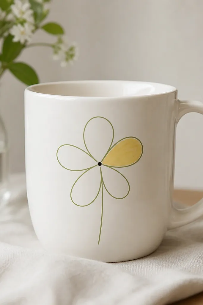 A white mug with one line-drawn flower in thin green. Five petals are outlined, and one petal is shaded in soft yellow; the center is a small black dot.