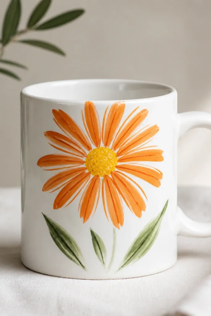 A white mug with a big daisy near the top. Petals are orange rays radiating from a yellow center, with a few green leaf strokes below.