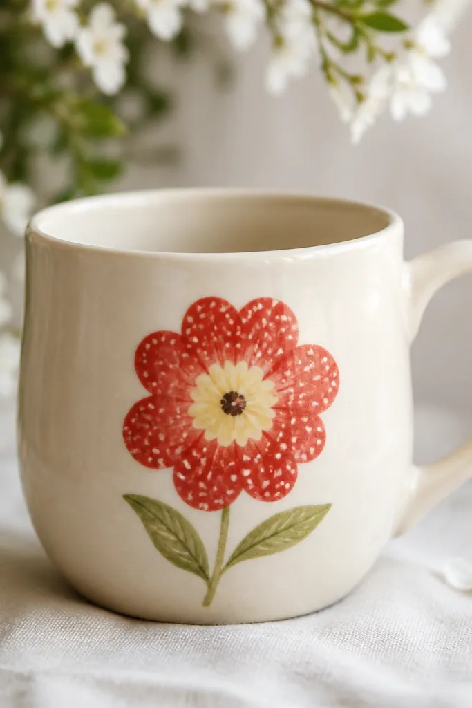 A cream mug with a flower that looks like strawberry petals. Red petals have tiny white speckles, and the center is pale yellow with a darker dot.