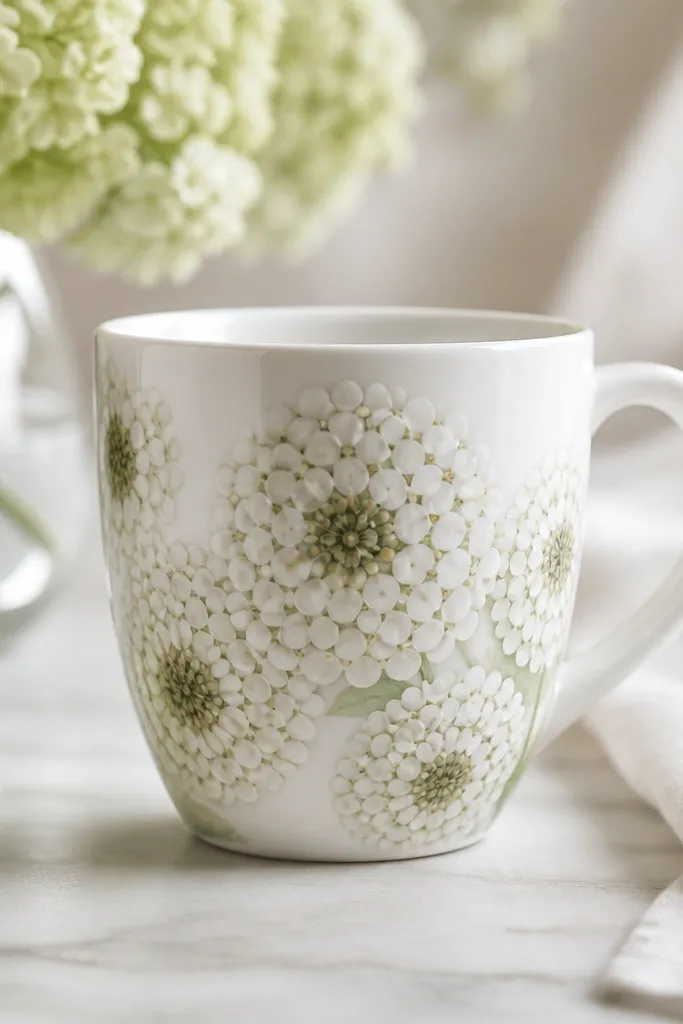 A white mug with hydrangea-like clusters made of small circles. Petals are white and pale green, with a soft darker center cluster.