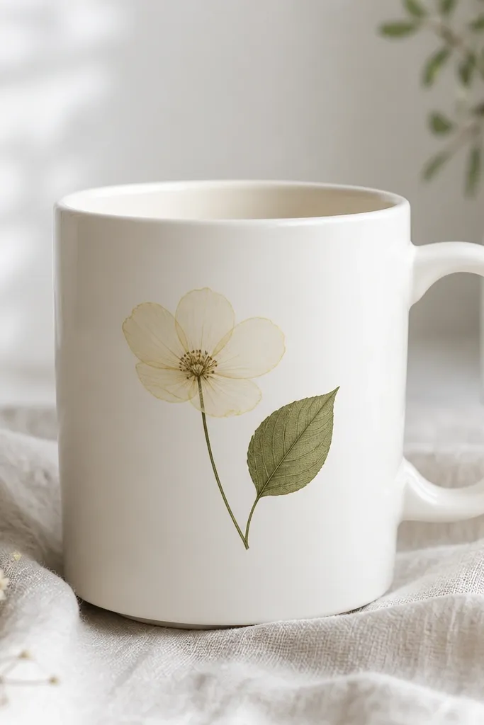 A white mug with an outline-style pressed flower. There is one pale yellow flower outline and a single green leaf silhouette with thin veins.