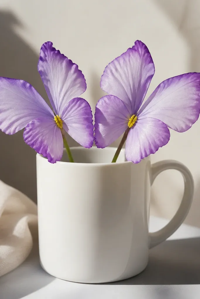 A white mug with two flowers shaped like butterfly wings. Petals are soft lavender with darker purple edges, and tiny yellow centers sit where the wings meet.