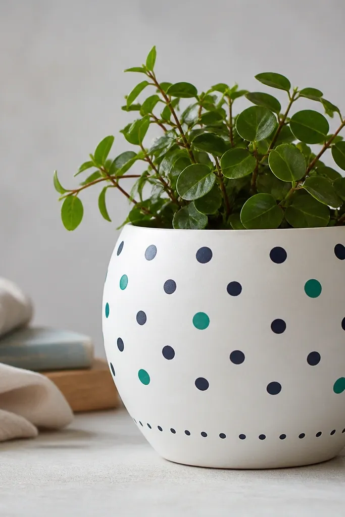 A white-painted pot covered in navy polka dots with a few larger teal dots mixed in. The dots are evenly spaced and sit centered on the pot's belly, with a tiny dot line near the base.