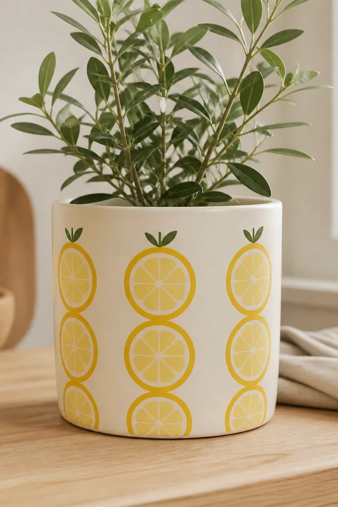 A cream pot with painted lemon slices stacked vertically around it. Each slice has a yellow outline, pale yellow interior segments, and small leaf-like marks at the top.