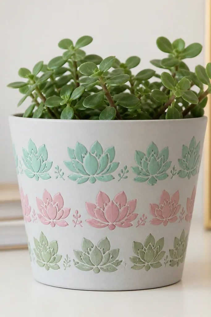 A light gray pot painted with three horizontal rows of pastel succulents: mint green, dusty pink, and sage. Each succulent has simple leaf shapes with tiny darker vein strokes.