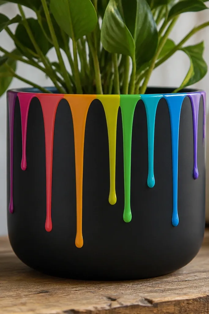A matte black pot with bright rainbow drips starting near the rim. The drips are controlled and stop at different heights, with clean edges and no splatter.