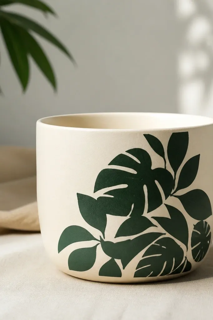 A cream pot with dark green leaf silhouettes in the shape of cutouts. Leaves overlap in a loose cluster on one side, with no outlines, just filled shapes.