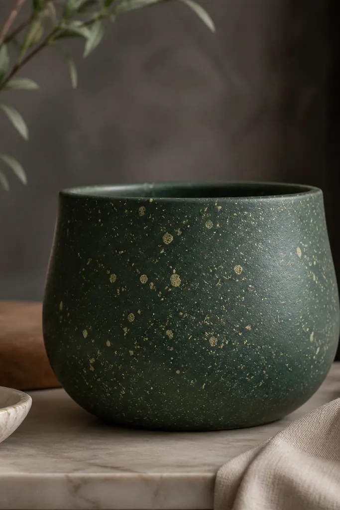 A deep green pot with scattered gold speckles like leaf dust. The speckles vary in size, and the finish looks slightly textured, not smooth.