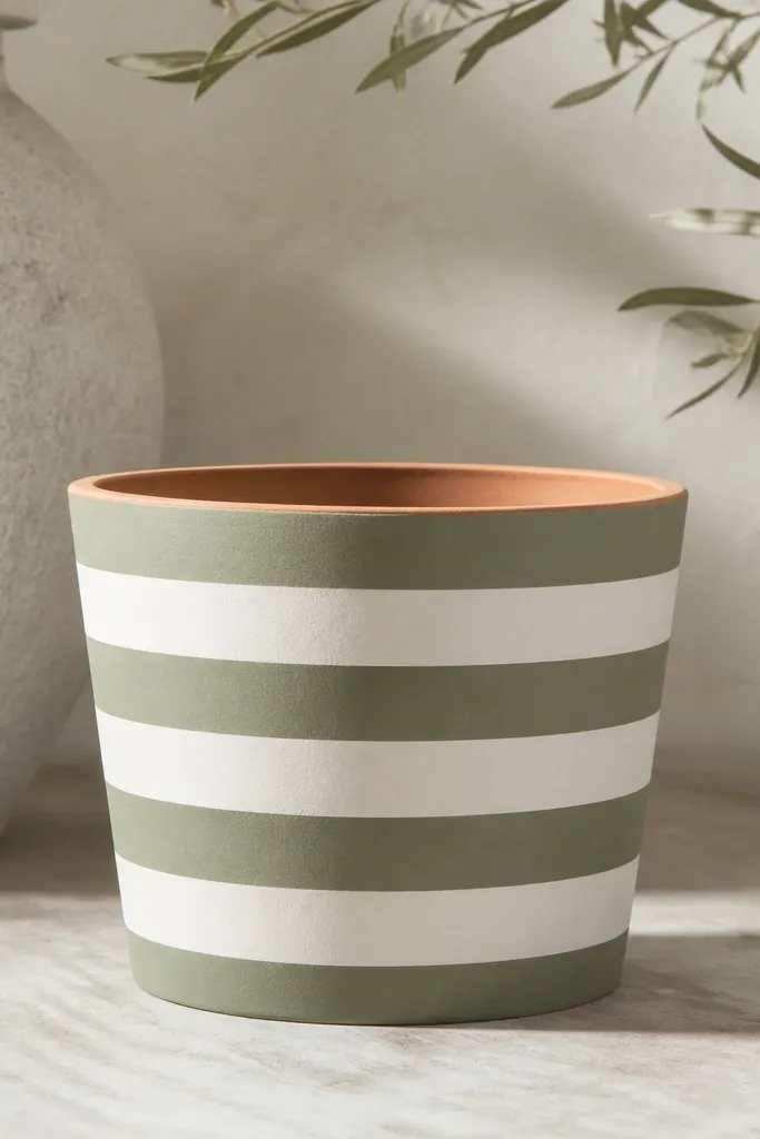 A natural terracotta pot with alternating bands of matte white and muted sage green. The stripes are straight and evenly spaced around the circumference.
