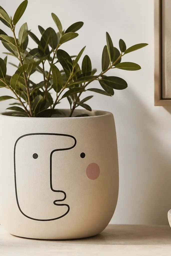 A cream pot with a black minimalist face drawn in one continuous line style. The eyes are small dots, the mouth is a short curve, and there's a tiny blush circle on one cheek.