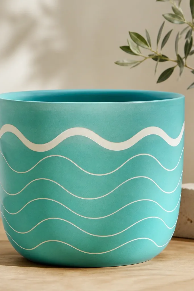 A turquoise pot with white wave lines running horizontally. The waves look like layered arcs, with the top wave slightly thicker.