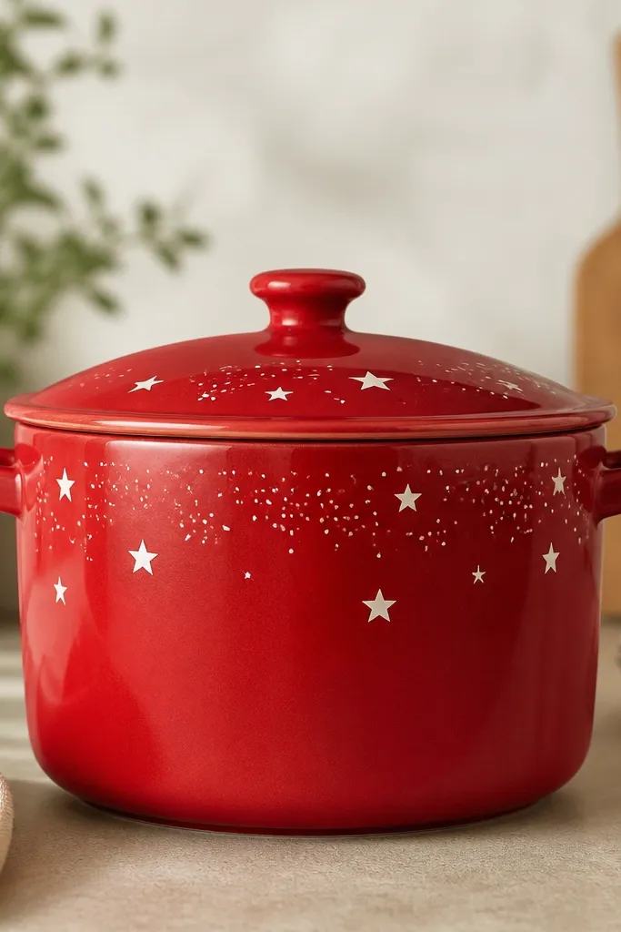 A red pot with scattered white stars and small dot clusters. A few stars are larger, and the dots form gentle clusters near the top third.