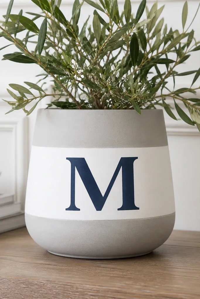 A pale gray pot with a white banner band across the middle. On the banner is a navy monogram letter, painted cleanly with tape edges around it.