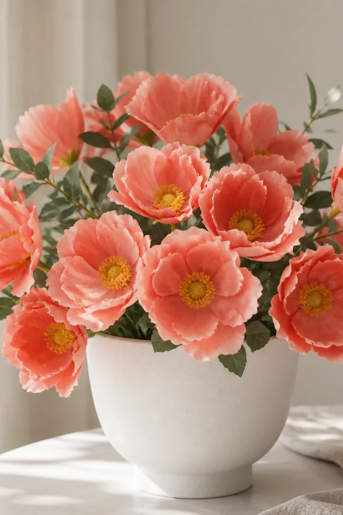 A white pot with coral sponge-flower blooms and butter yellow centers. Each bloom has soft edges and a slightly speckled texture, with a few green leaves added in the gaps.