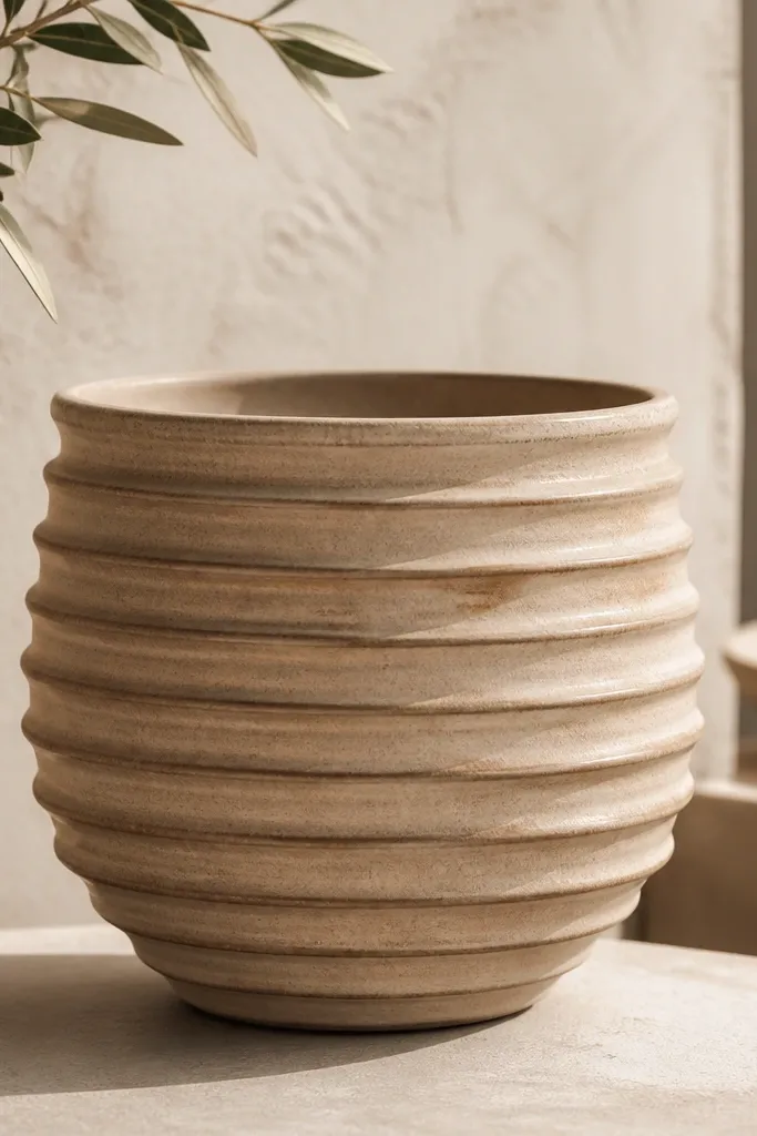 A thick, ridged pot painted in warm beige with darker brown accents only on the grooves. The raised ridges are lighter, and the grooves look shaded.