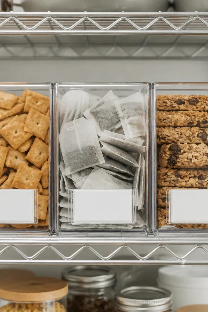 Clear bins lined up on a wire shelf with matching labels