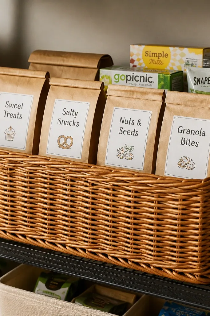 Woven basket with snack bags and a small label card on a wire shelf
