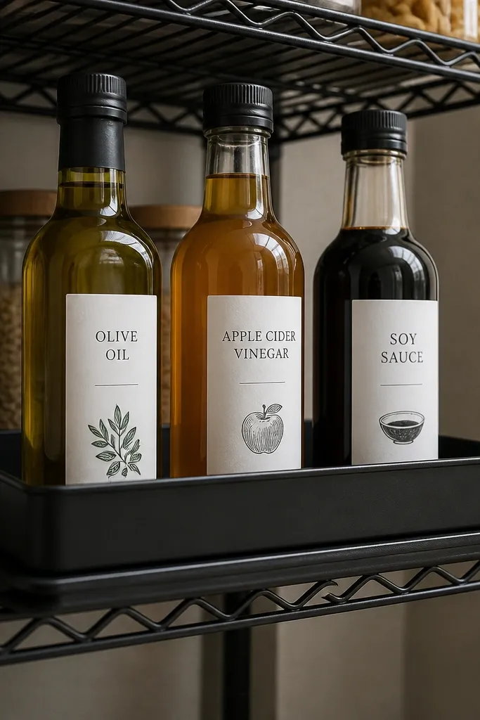 Shallow tray with bottles and small jars on a wire shelf