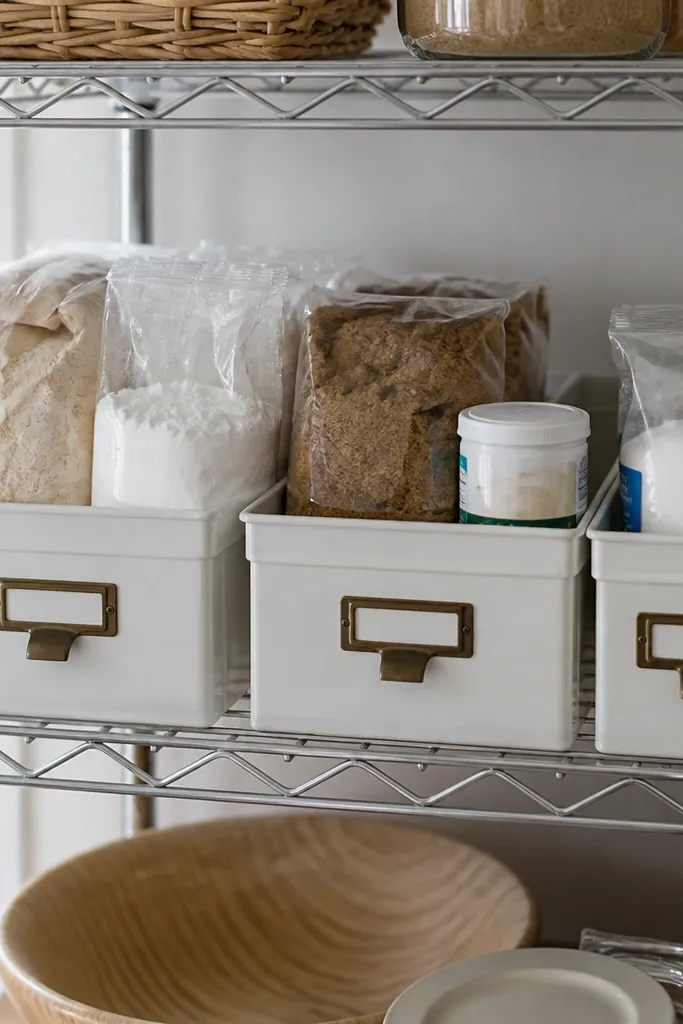 Stacked drawer-style boxes on a wire shelf with labels