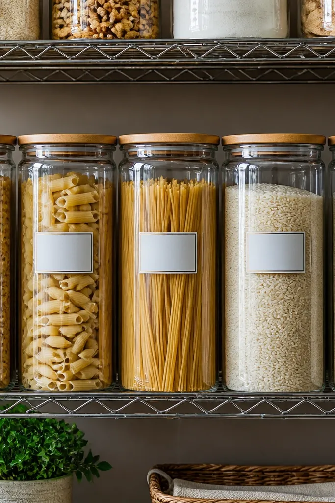 Clear canisters lined up on a wire shelf with consistent label placement
