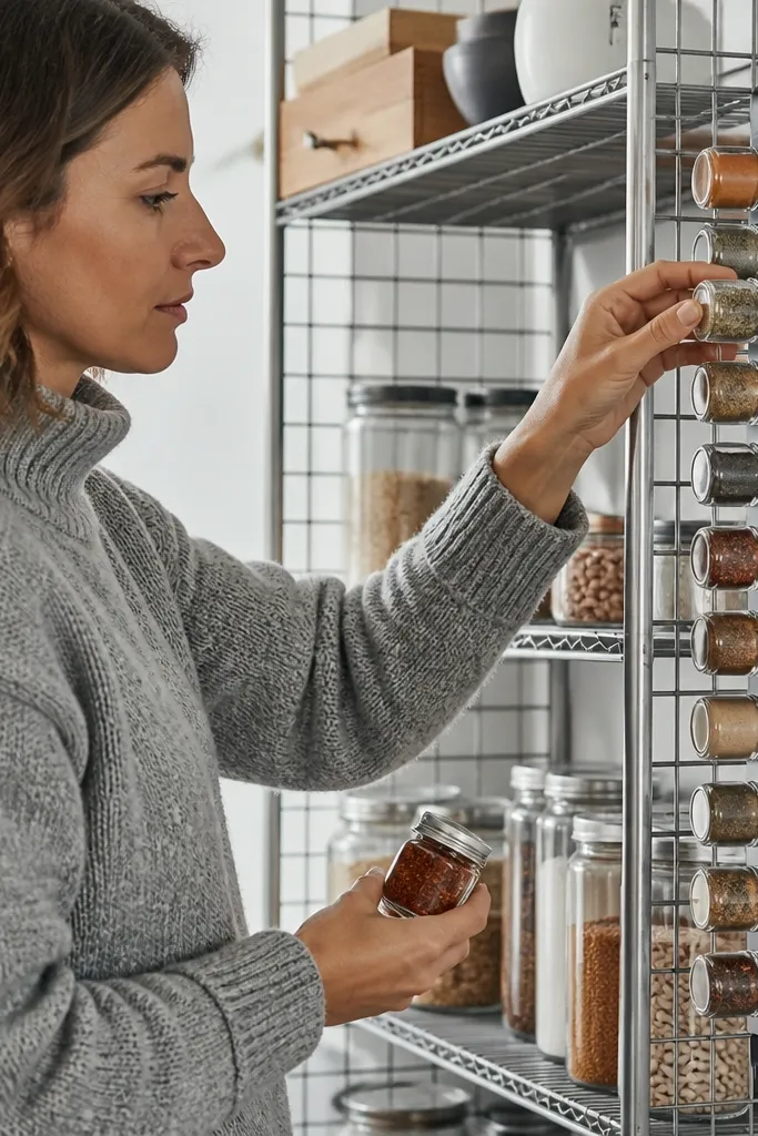 Spice jars on a magnetic strip attached near the wire shelf