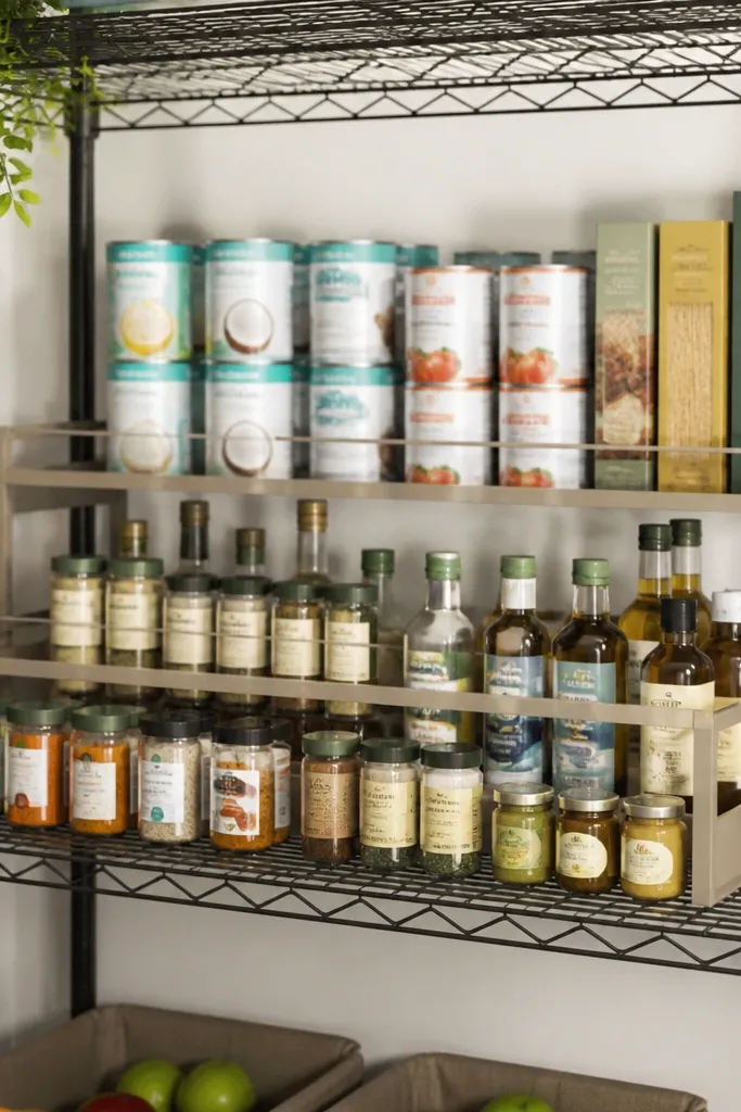 Two-tier risers on a wire shelf with labels facing outward