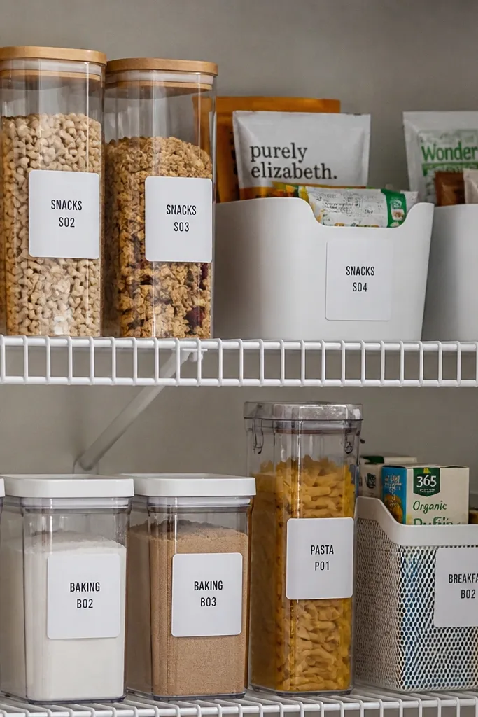 Pantry labels with category text and simple icons on multiple containers