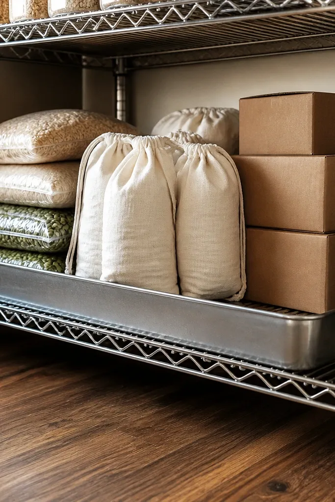 Large tray with folded bags and backup items on the bottom shelf