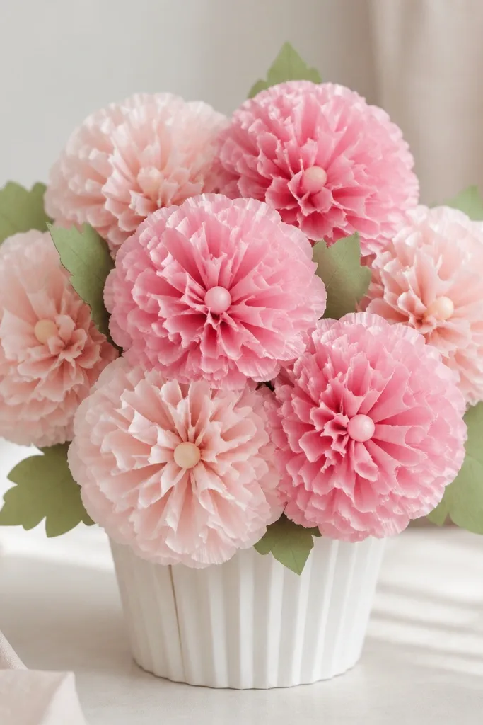 A bouquet of tissue paper flowers in soft blush and pale pink, each flower has many tight ruffles and a small round center. Flowers sit in a white paper cup arrangement with a few green tissue leaves.