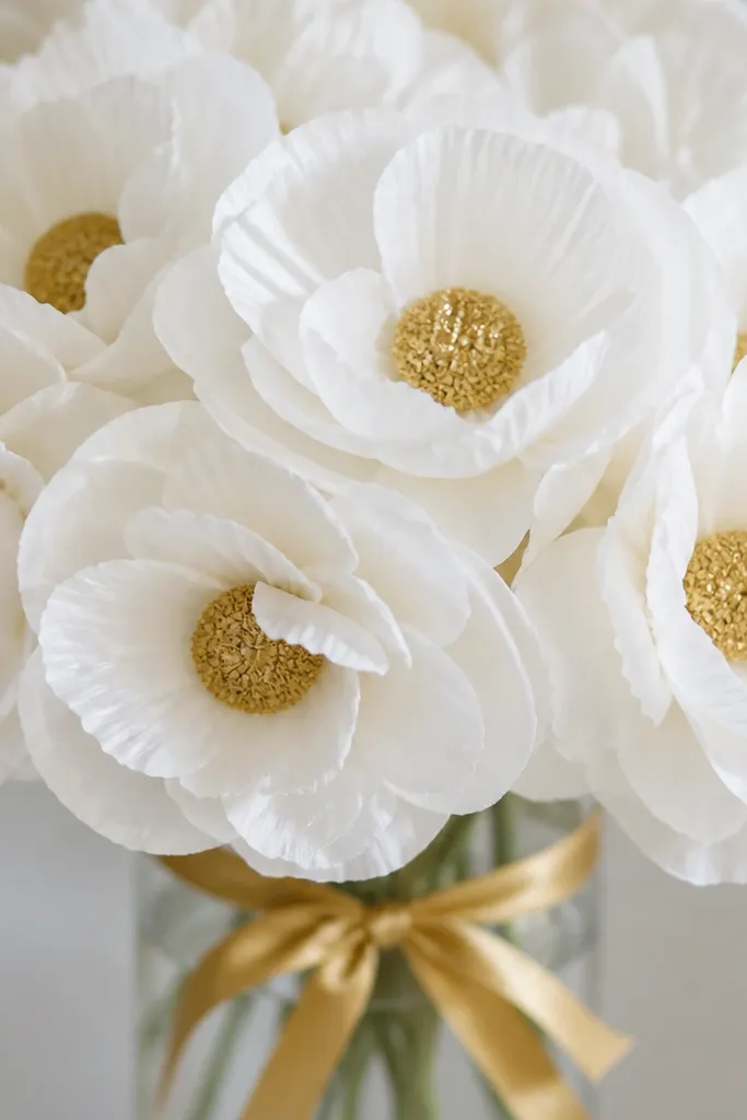 White tissue paper flowers with a gold glittery center dot. The background shows a simple gold ribbon tied around a vase, with several blooms grouped tightly.