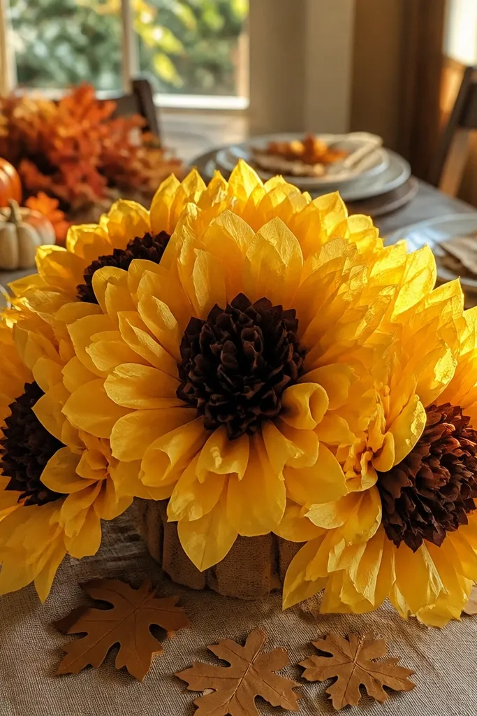 Bright yellow tissue flowers with small dark brown centers. The bouquet includes a few flowers with slightly curled edges and a couple of green tissue leaves.