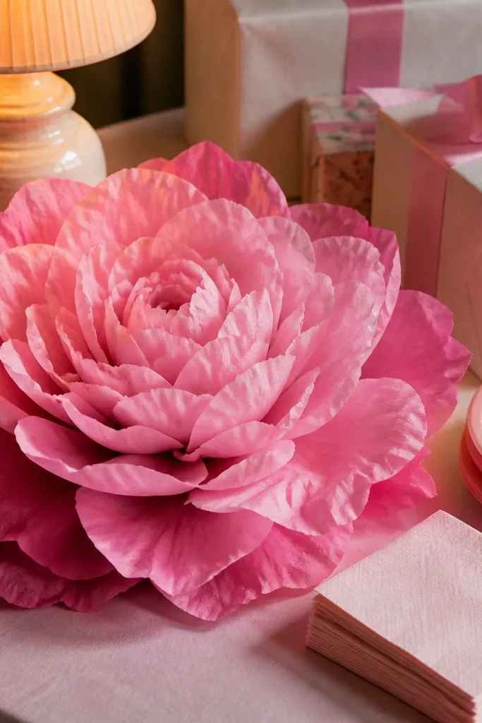 Large rose pink tissue flowers with layered petals that look fuller at the edges. Several blooms overlap in a bouquet on a pink background with a few darker pink accents.