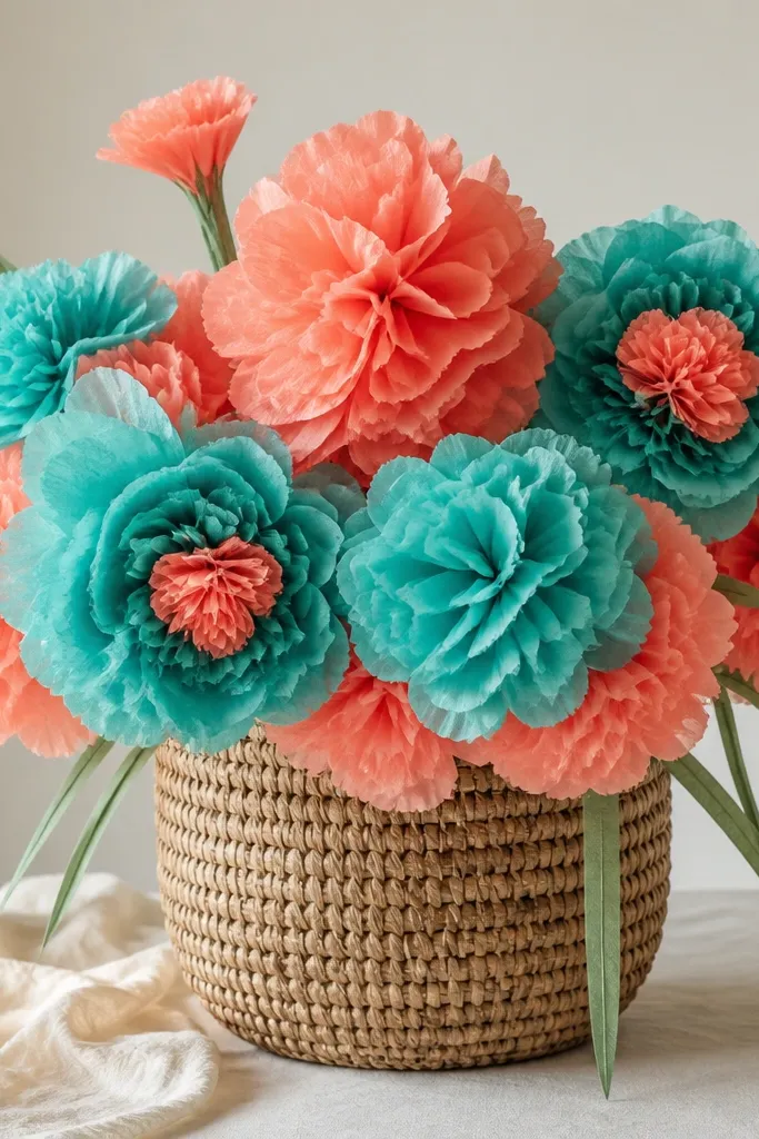 Teal and coral tissue flowers mixed together, with some flowers having coral centers. The bouquet sits in a woven basket with a few long green tissue stems.