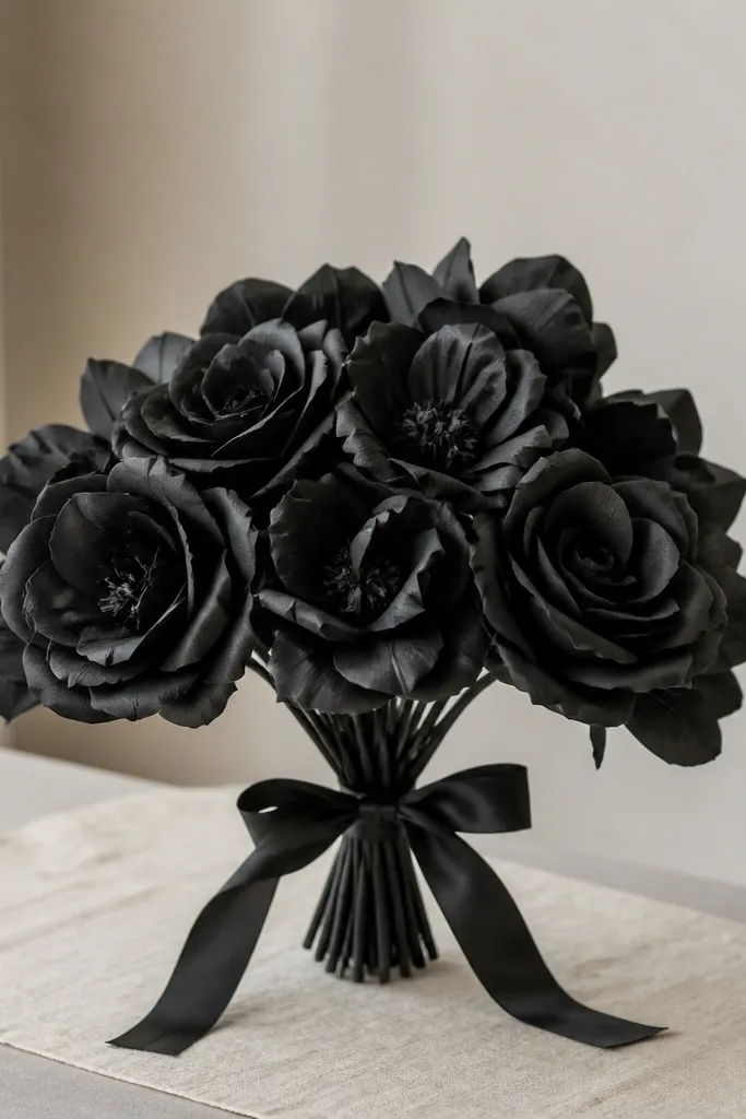 Matte black tissue paper flowers with slightly curled petals. The bouquet is placed on a cream table runner, with a dark ribbon bow around the stems.