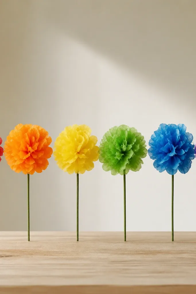 Small rainbow tissue flowers lined up on a table, each attached to a thin stick. Colors go red, orange, yellow, green, blue, and purple in order.