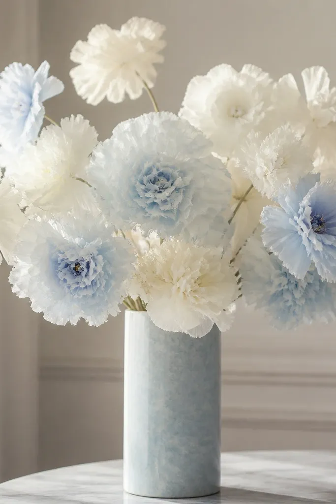 Soft white tissue flowers with a few light blue blooms mixed in, arranged in a tall vase. The flowers look airy and cloud-like with gentle ruffles.