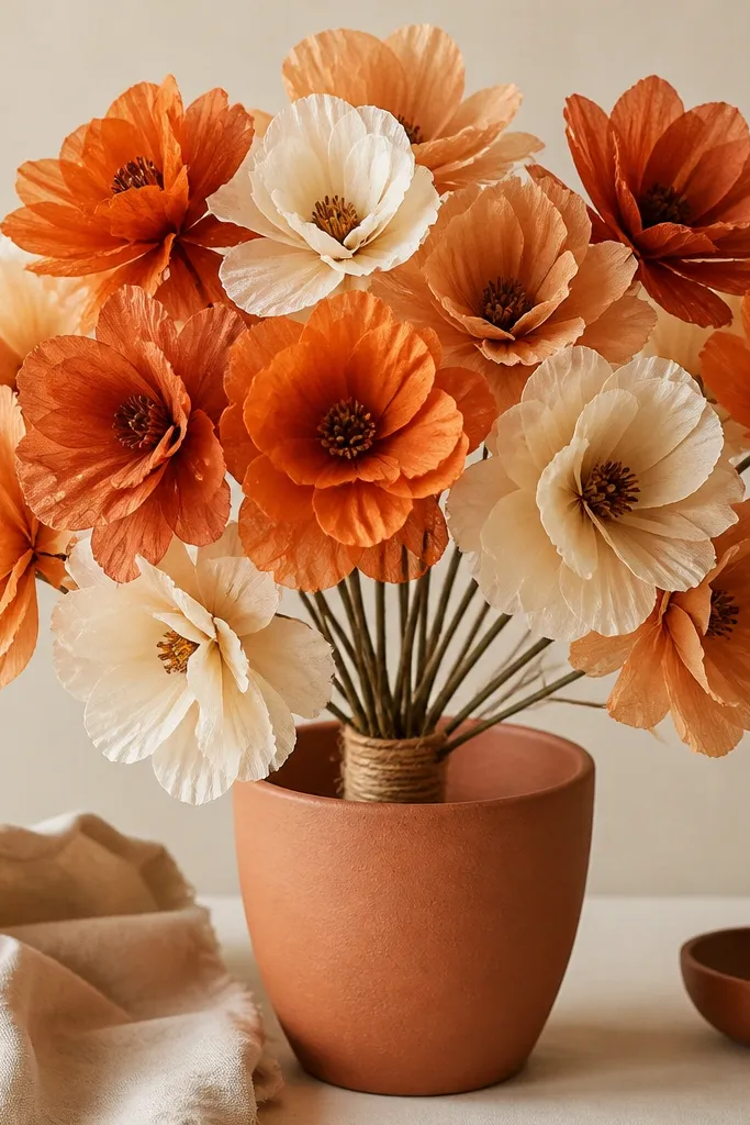 Warm orange, rust, and cream tissue flowers arranged with small cinnamon-brown centers. The bouquet sits in a terracotta-colored pot with twine wrapped around stems.